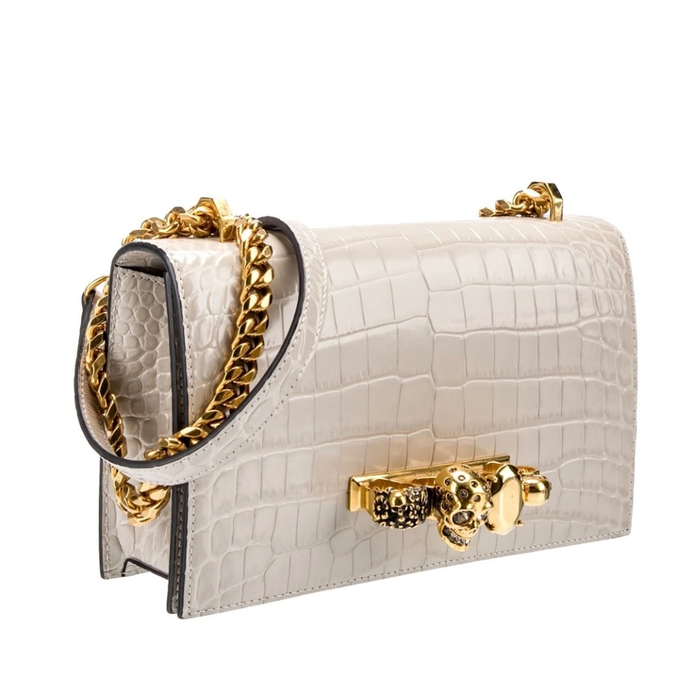 Alexander Mcqueen Ivory Grey Croc Embossed Shoulder Bag New With Tags